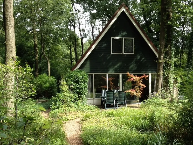 Het donkergroene huisje met zijn steile puntdak tussen hoge bomen; een pad door hoge grassen loopt naar het terras voor de glazen pui.